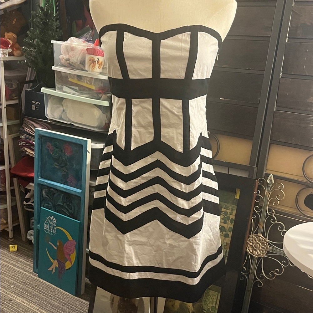 Minuet Petite Strapless Dress with Black and White Chevron